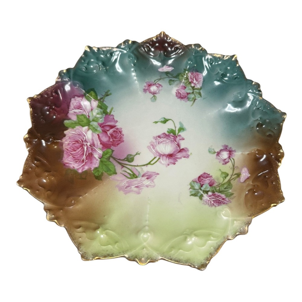 MZ Austria Moritz Zdekauer Antique Porcelain Floral Bowl Pink Roses Gold Rim 10"